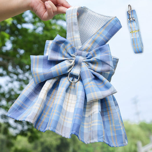 Dog Cat Bow Tie Plaid Harness and Leash Set
