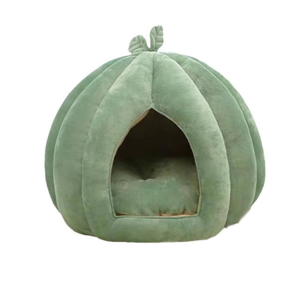 Pumpkin Shape Cat Cave Bed | Detachable Cat House with Cushion | Green | S
