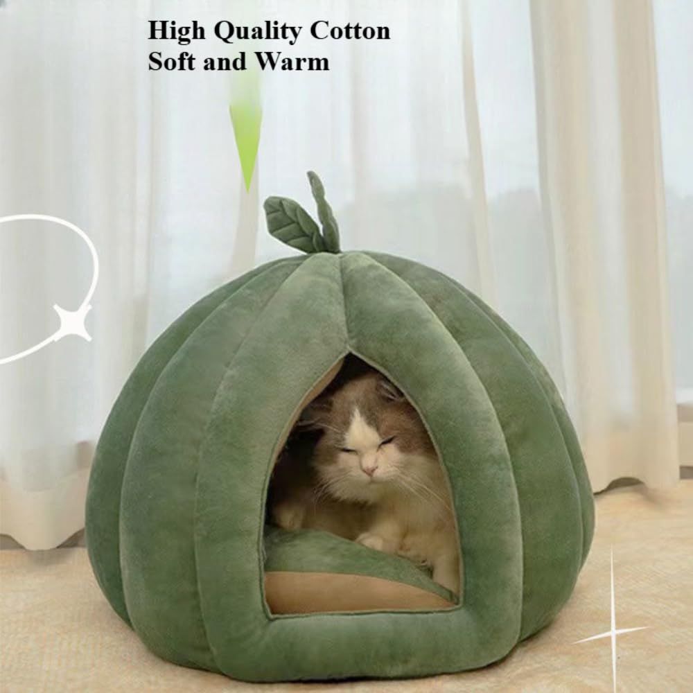 Pumpkin Shape Cat Cave Bed | Detachable Cat House with Cushion | Green | S