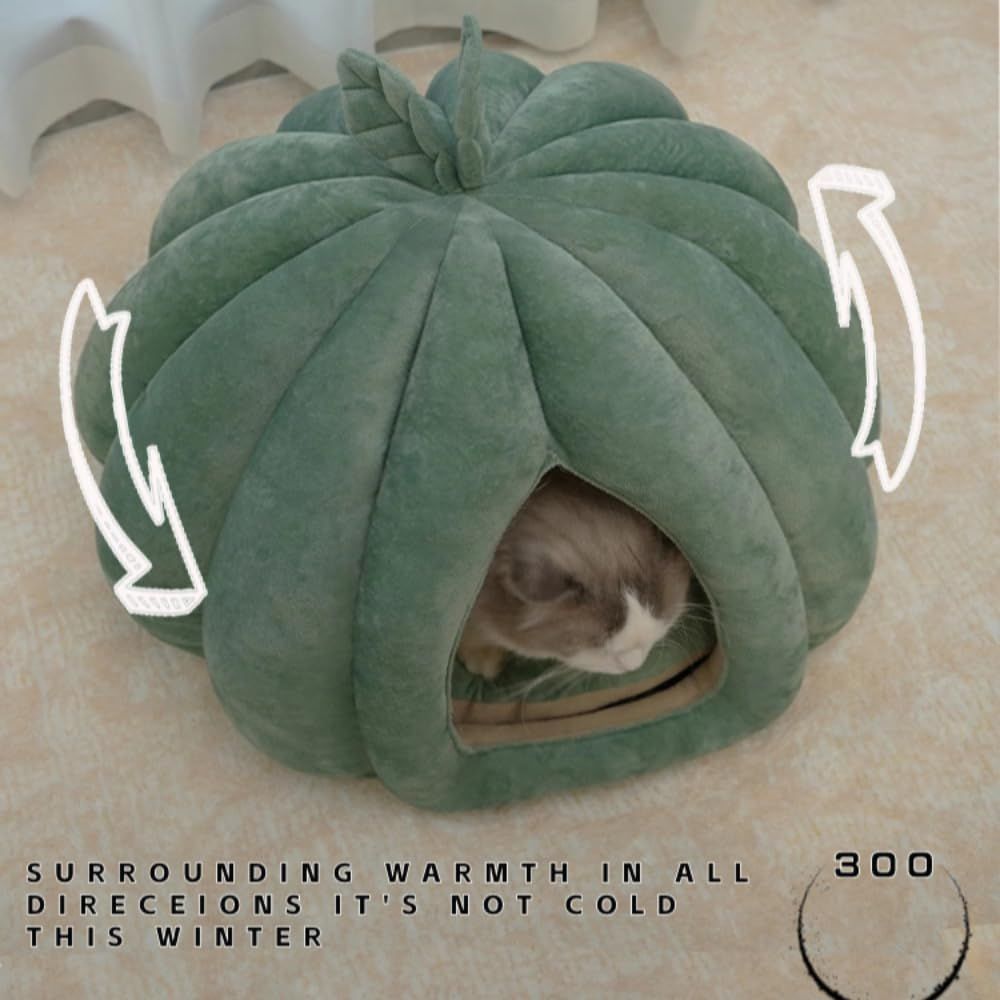 Pumpkin Shape Cat Cave Bed | Detachable Cat House with Cushion | Green | S