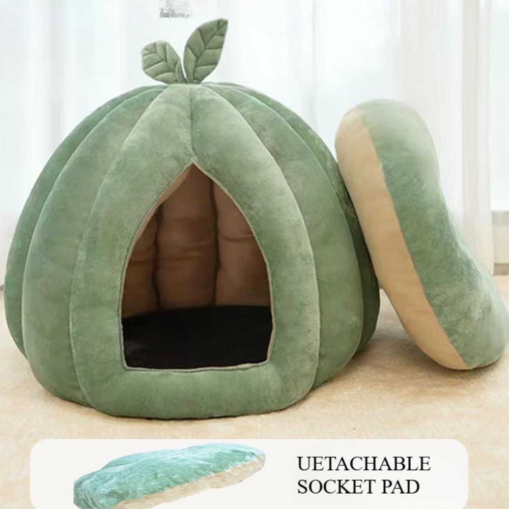 Pumpkin Shape Cat Cave Bed | Detachable Cat House with Cushion | Green | S