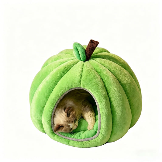 Pumpkin Cat Bed | Plush Enclosed Nest | Green | Medium
