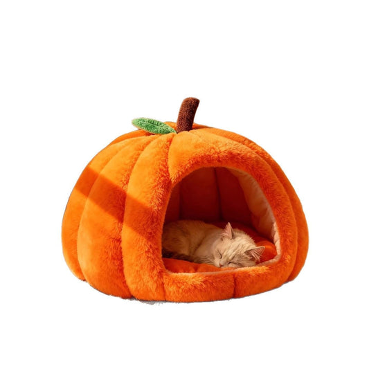 Pumpkin Cat Bed | Plush Enclosed Nest | Orange | Large