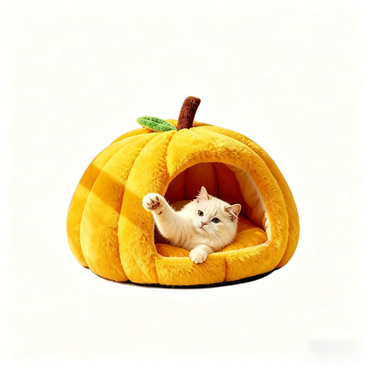 Pumpkin Cat Bed | Plush Enclosed Nest | Yellow | Medium