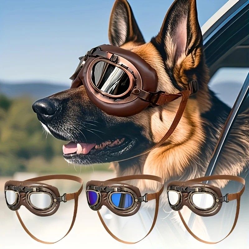 Retro Aviator Dog Goggles | Windproof & UV Protection Adjustable Foldable Sunglasses for Medium-Large Dogs(Bronze-transparent lens)