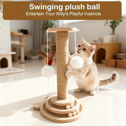 Interactive Cat Scratching Post | Sisal Board + Rotating Ball Track + Feather Toy