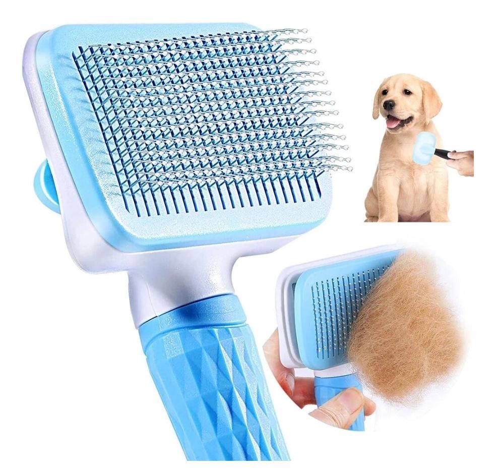 Blue Self-Cleaning Pet Slicker Brush | Push-Button Fur Release | Dog & Cat