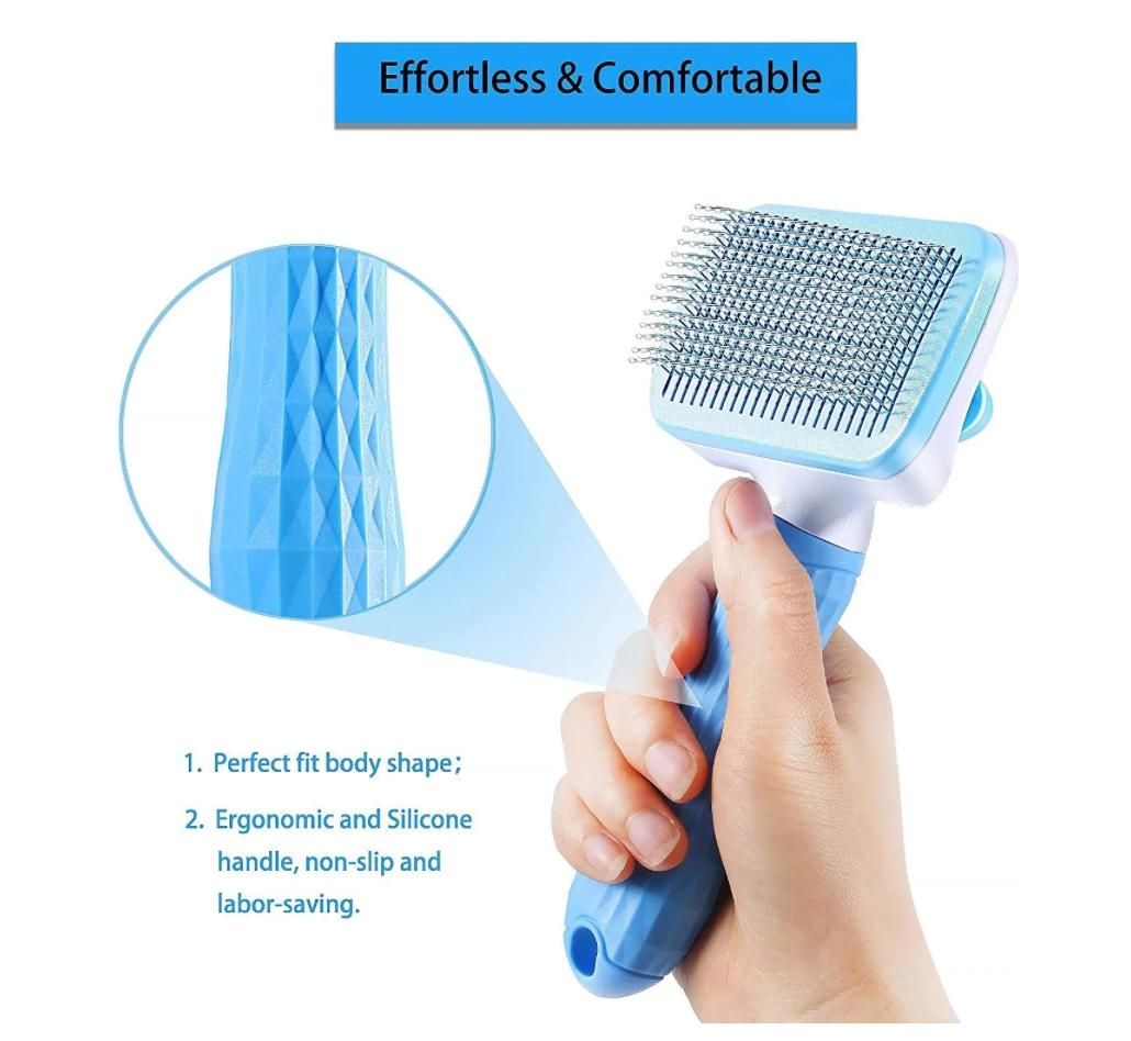 Blue Self-Cleaning Pet Slicker Brush | Push-Button Fur Release | Dog & Cat