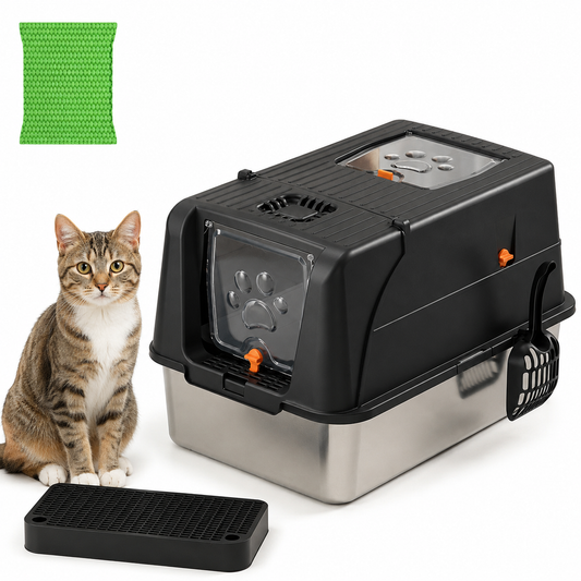 Black Large Stainless Steel Cat Litter Box | Foldable Covered