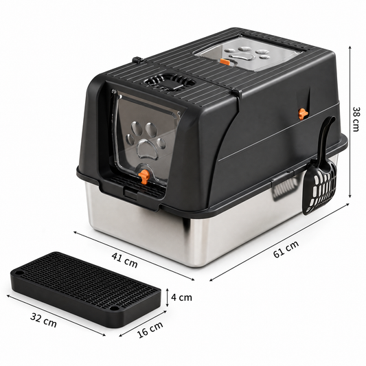 Black Large Stainless Steel Cat Litter Box | Foldable Covered