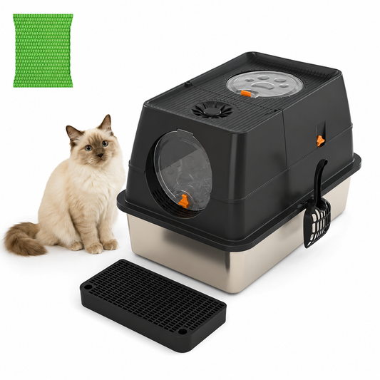 Extra Large Stainless Steel Cat Litter Box | Foldable Covered | Round Top