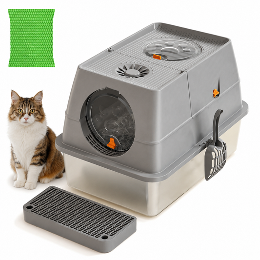 Large Stainless Steel Cat Litter Box | Foldable Covered | Square Top