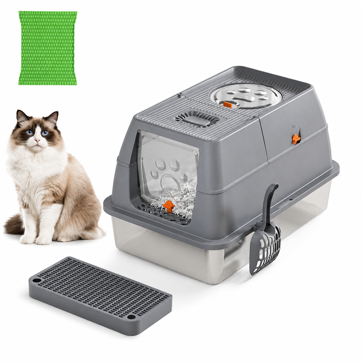 Dark Grey Large Stainless Steel Cat Litter Box | Foldable Covered | Round Top Square Door