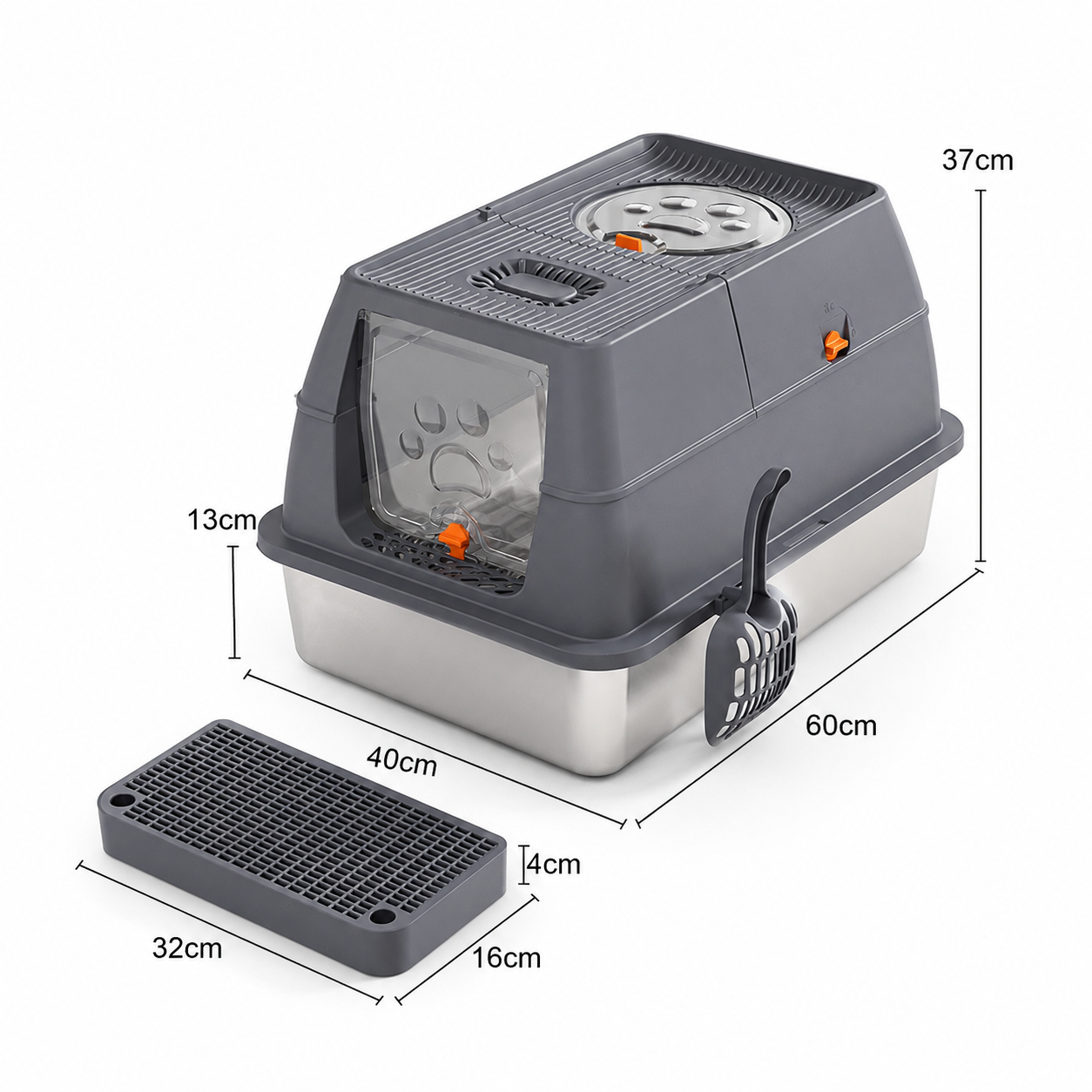 Dark Grey Large Stainless Steel Cat Litter Box | Foldable Covered | Round Top Square Door