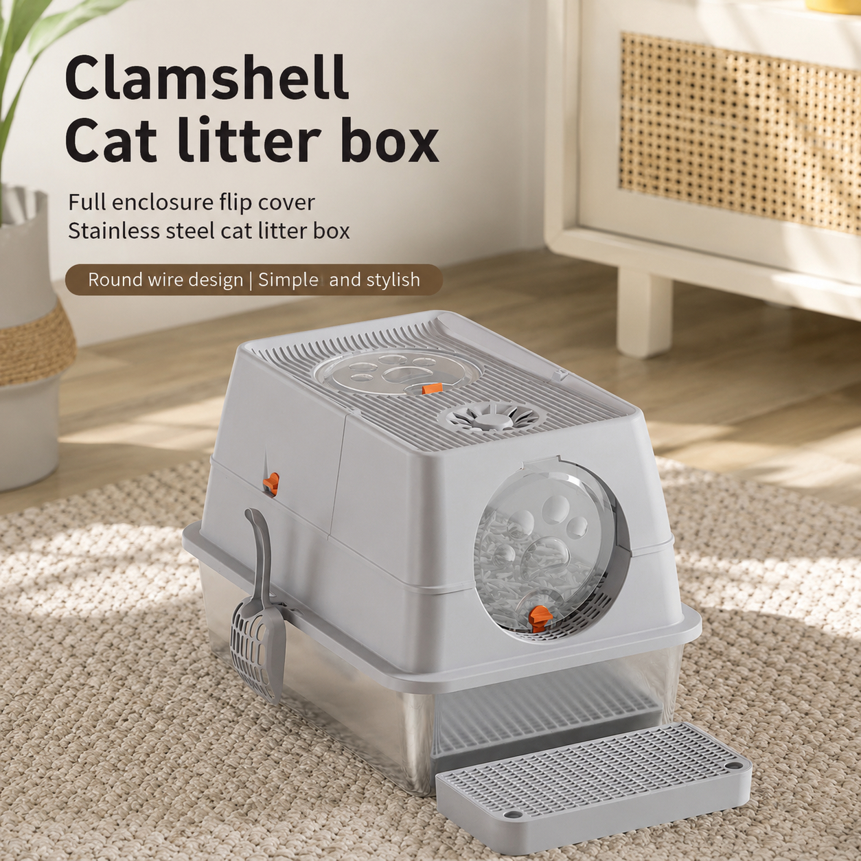 Dark Grey Large Stainless Steel Cat Litter Box | Foldable Covered | Round Top Square Door