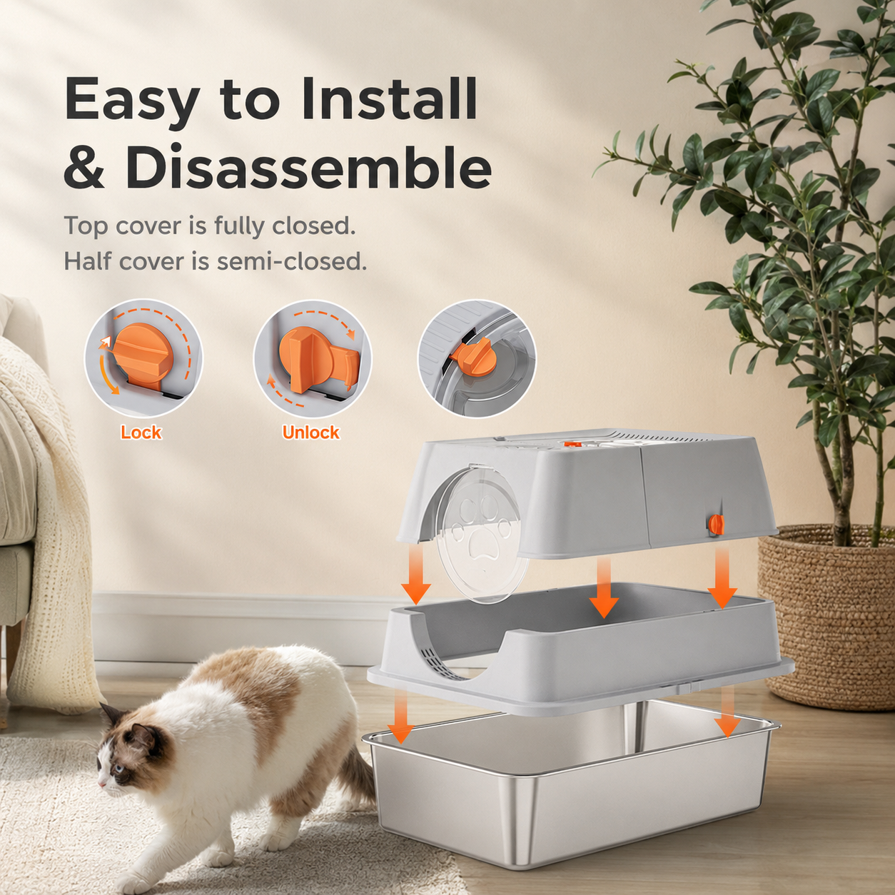 Dark Grey Large Stainless Steel Cat Litter Box | Foldable Covered | Round Top Square Door