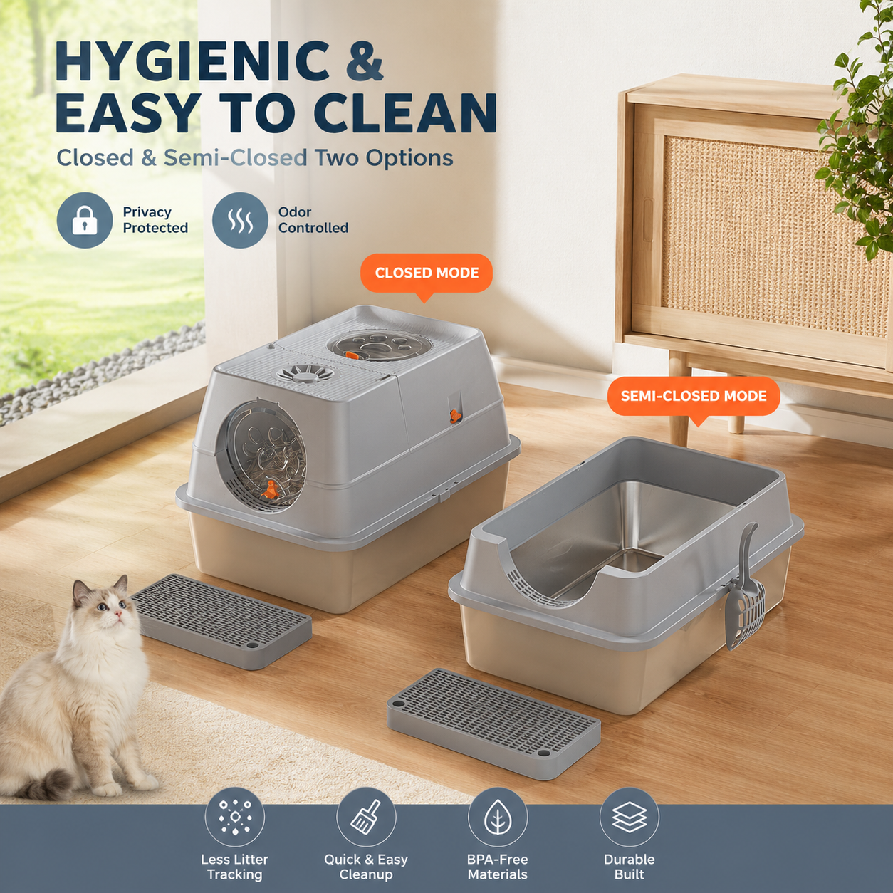 Dark Grey Large Stainless Steel Cat Litter Box | Foldable Covered | Round Top Square Door