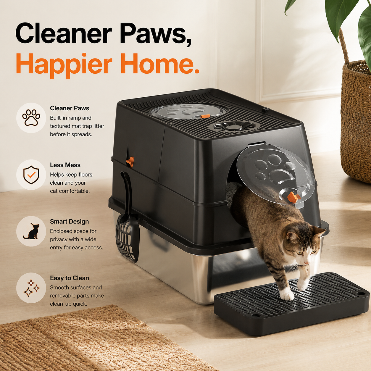Dark Grey Large Stainless Steel Cat Litter Box | Foldable Covered | Round Top Square Door
