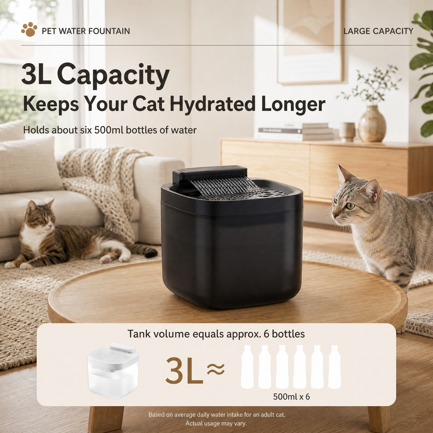 Cat Water Fountain 3L | Wired Waterfall-Style | Quiet Drinking Fountain