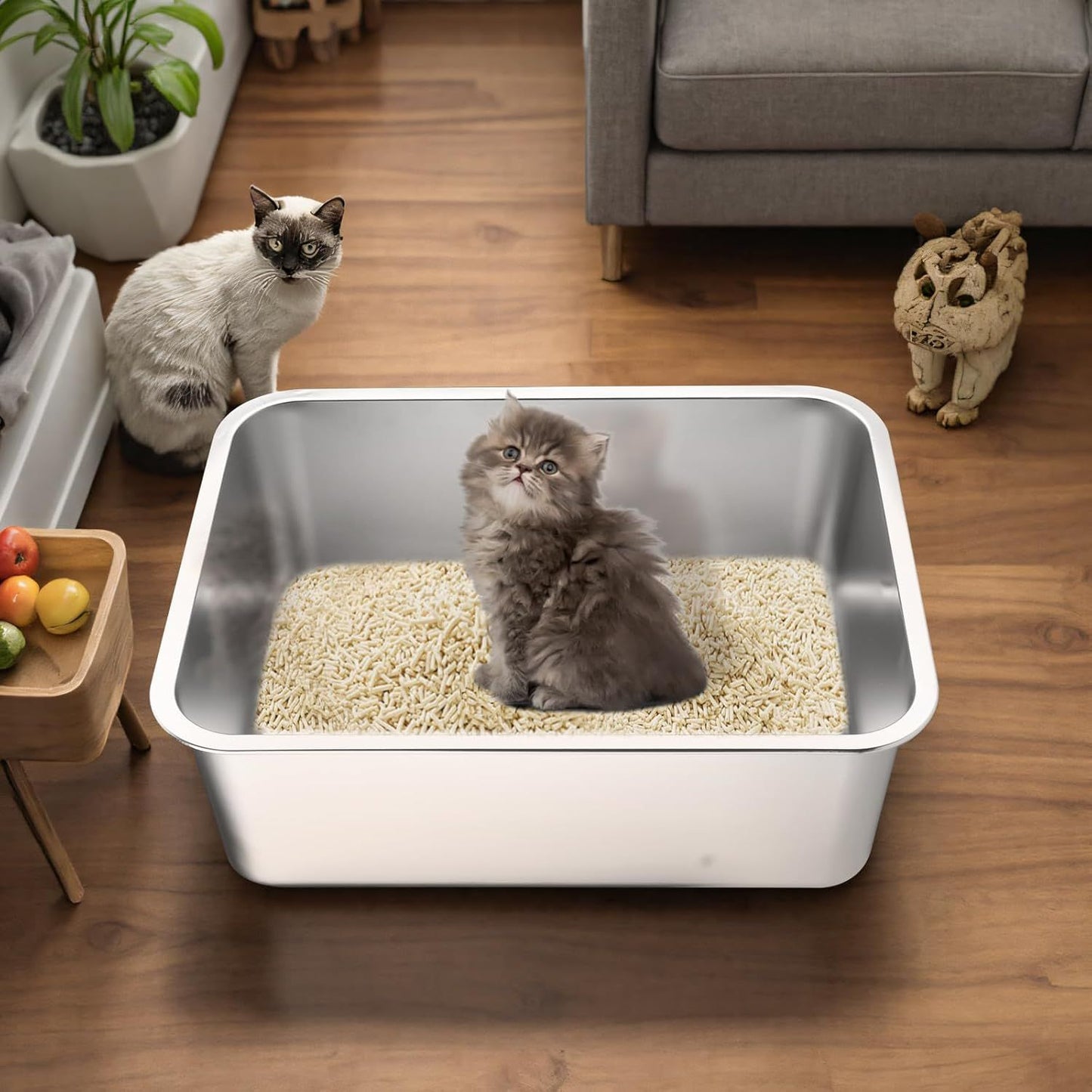 Stainless Steel Cat Litter Box | Large Metal High-Sided | Non-Stick | 23.6 x 15.8 x 8 Inch