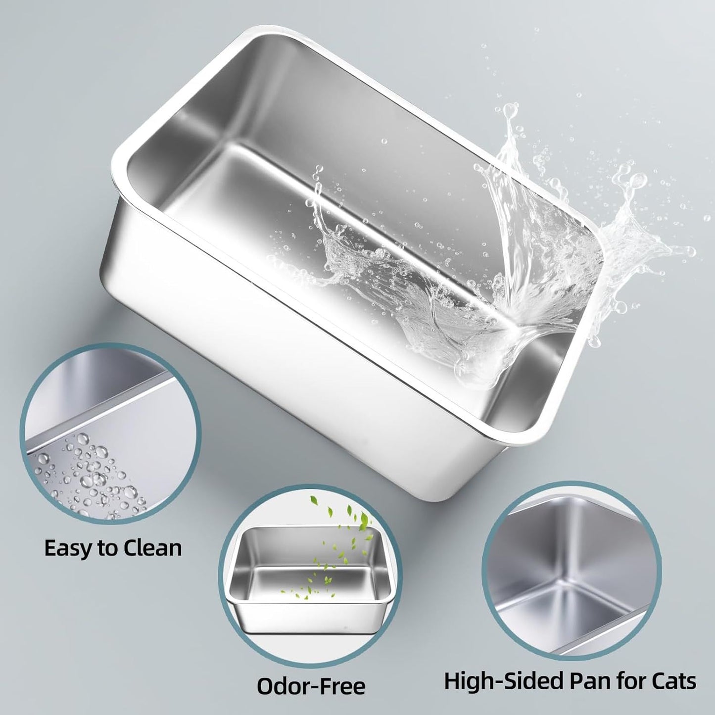 Stainless Steel Cat Litter Box | Large Metal High-Sided | Non-Stick | 20 x 13.8 x 6 Inch