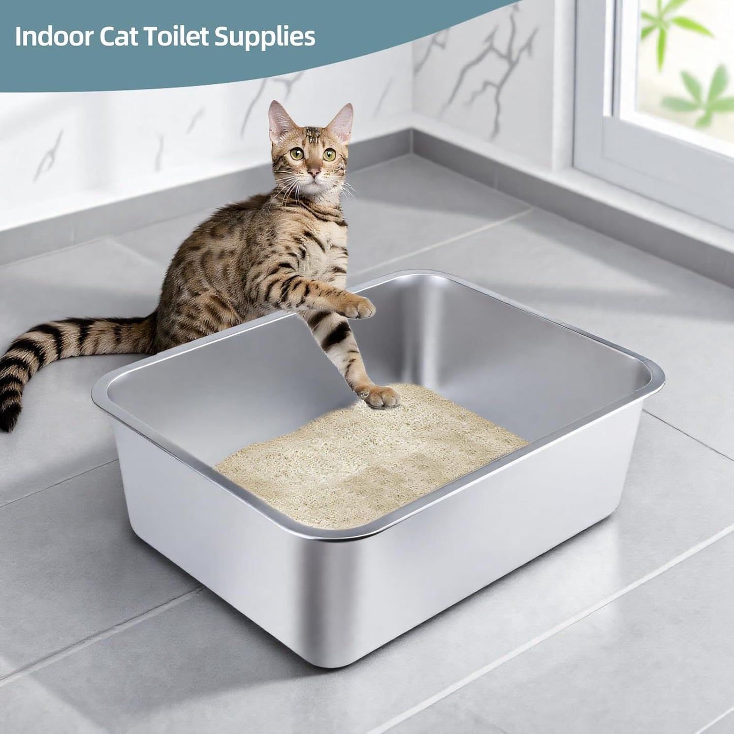 Stainless Steel Cat Litter Box | Large Metal High-Sided | Non-Stick | 20 x 13.8 x 6 Inch
