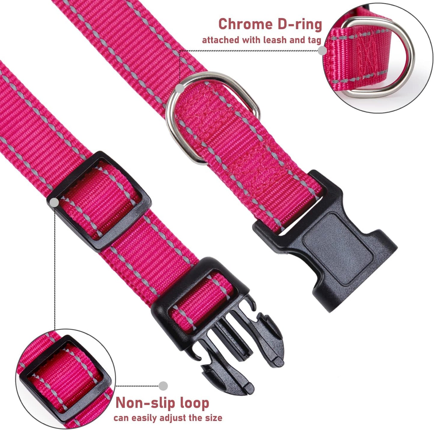 Pink Reflective Dog Safety Collar | Adjustable Nylon Buckle | Small Dogs | Size S