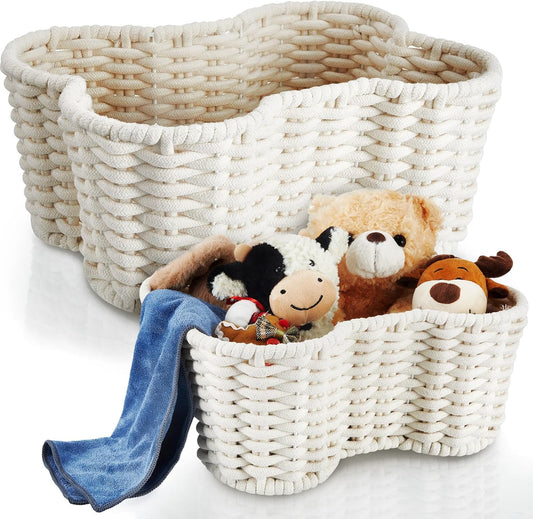 Dog Toy Basket | 2-Pack Bone Shape | Handmade Cotton Rope Organizer