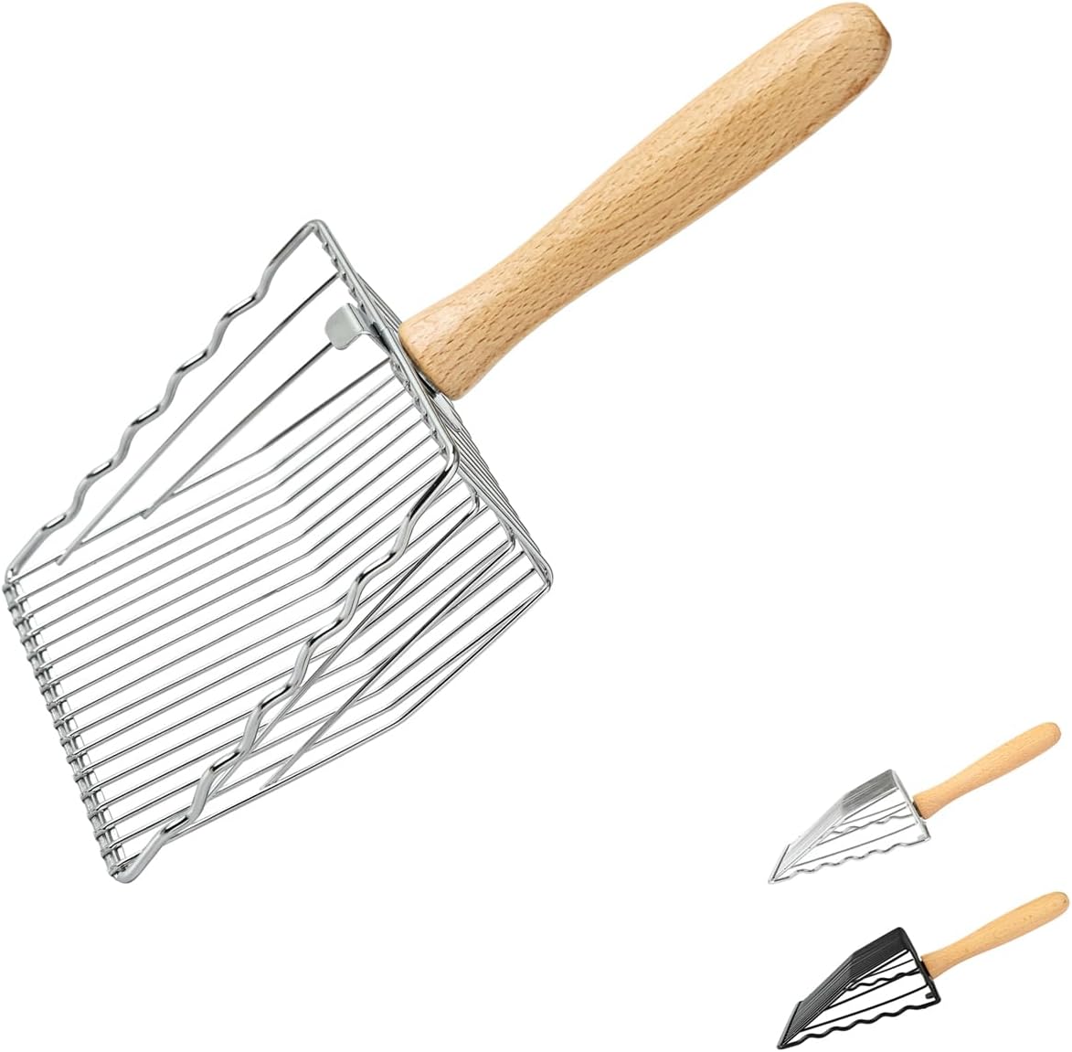 Premium Metal Cat Litter Scoop | 5X Speed Sifter | Beech Wood Handle | Silver
