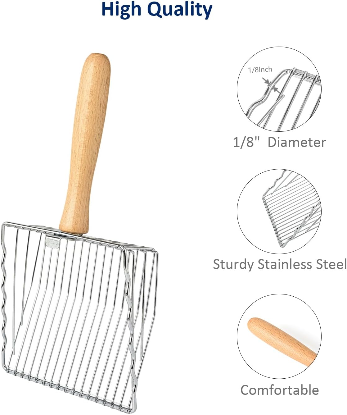 Premium Metal Cat Litter Scoop | 5X Speed Sifter | Beech Wood Handle | Silver