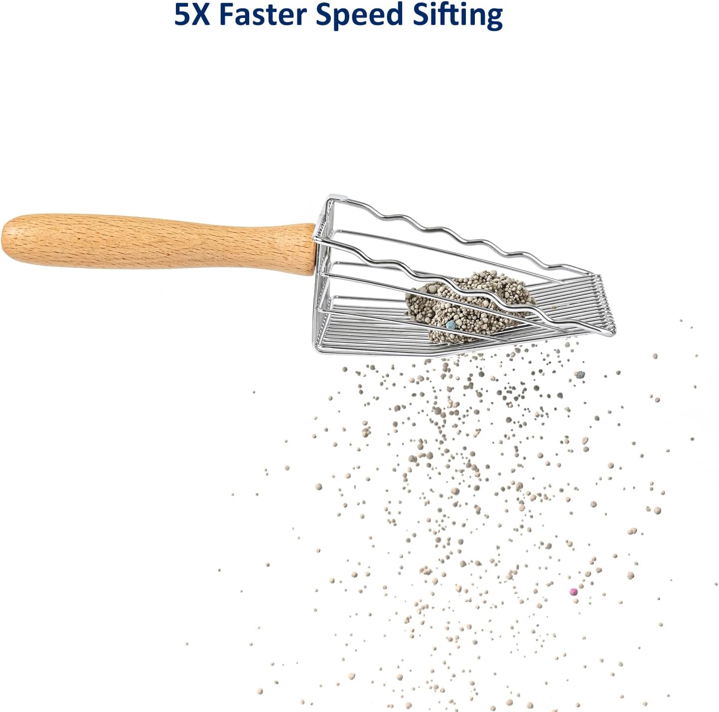 Premium Metal Cat Litter Scoop | 5X Speed Sifter | Beech Wood Handle | Silver