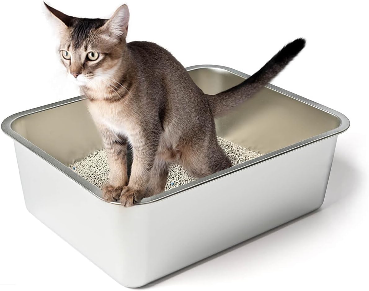 Stainless Steel Cat Litter Box | High Sides | Top Open | Non-Stick | 24x16x6 Inch