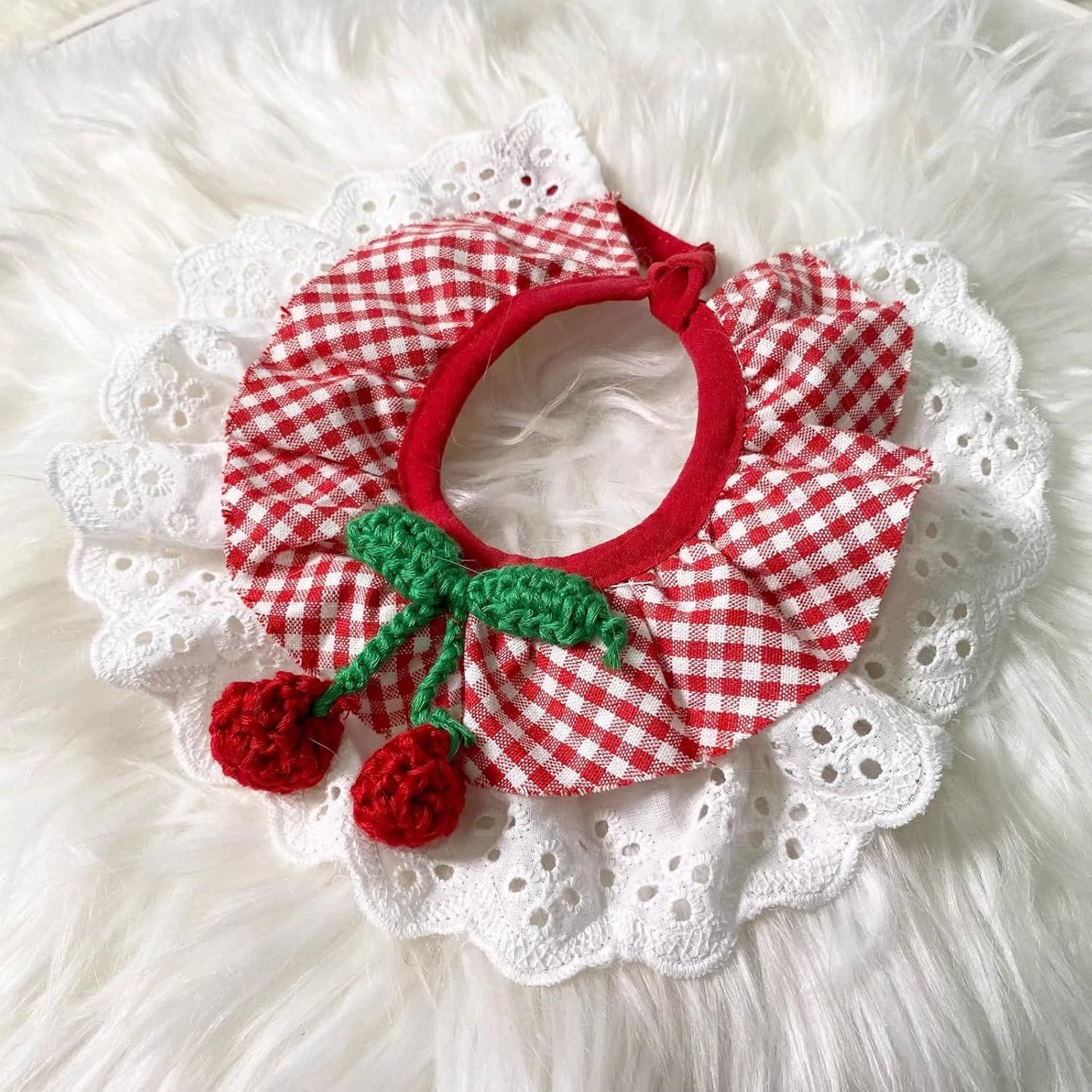 Cherry Pet Bandana | Knitted Lace Edge Collar with Strawberry Charm | Cats & Dogs | Size XL