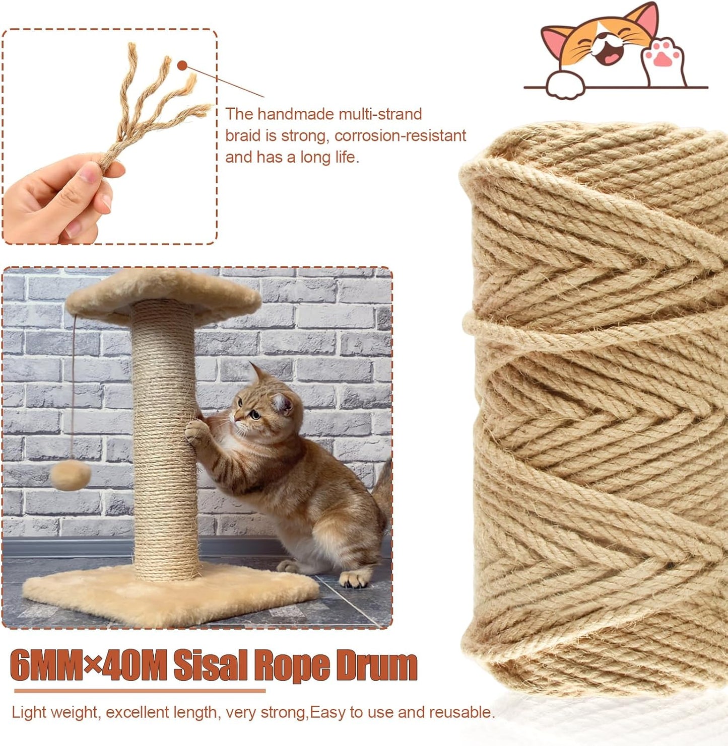 50M Natural Sisal Rope for Cat Scratching Post | 6mm Hemp | DIY Cat Tree Repair