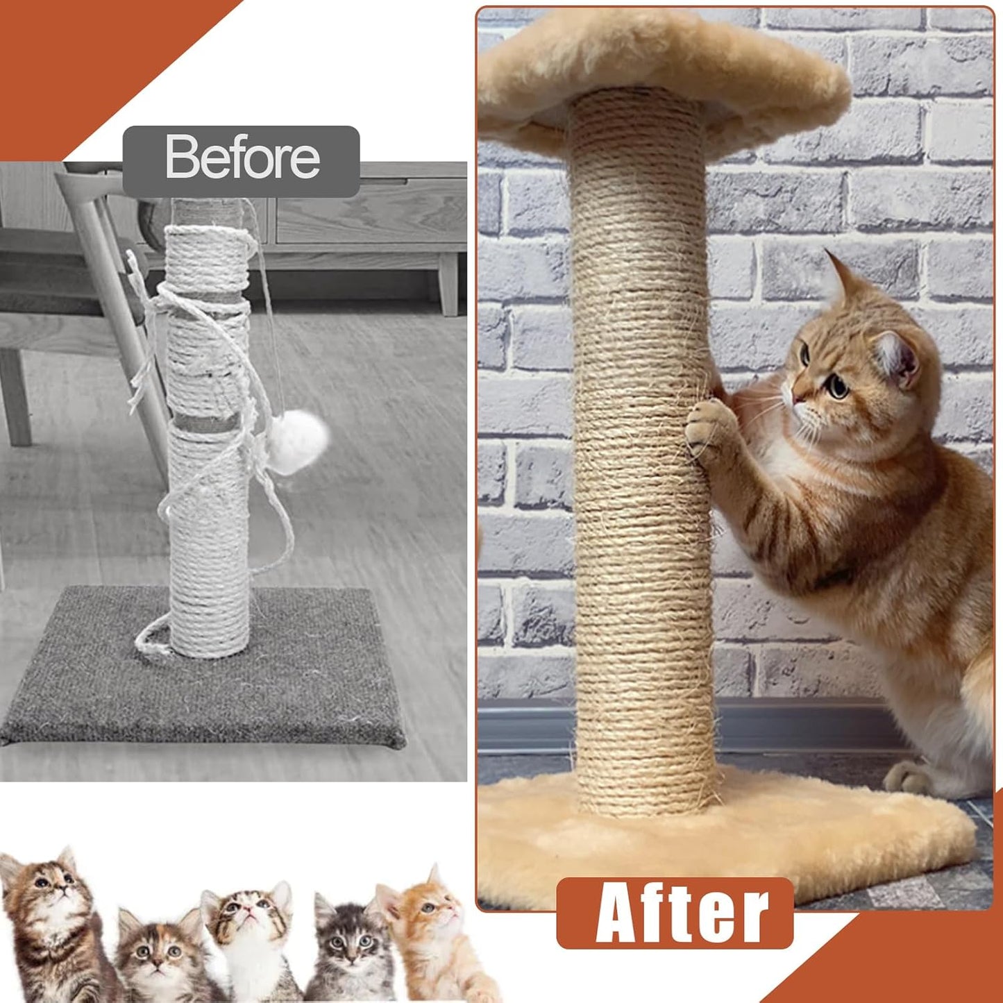 50M Natural Sisal Rope for Cat Scratching Post | 6mm Hemp | DIY Cat Tree Repair