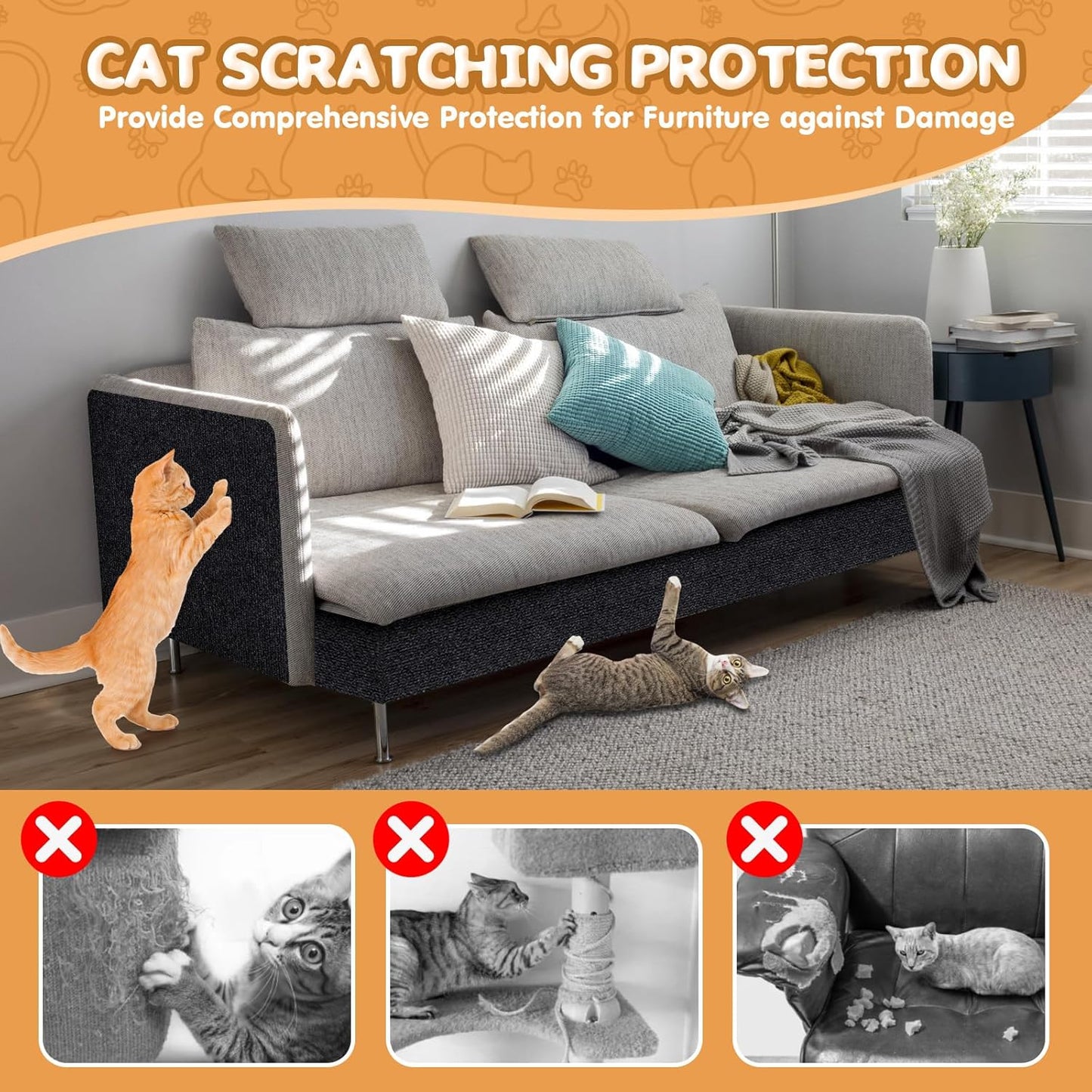 Cat Scratching Mat | Self-Adhesive Trimmable Sisal | 78.7x15.8 Inch Light Grey