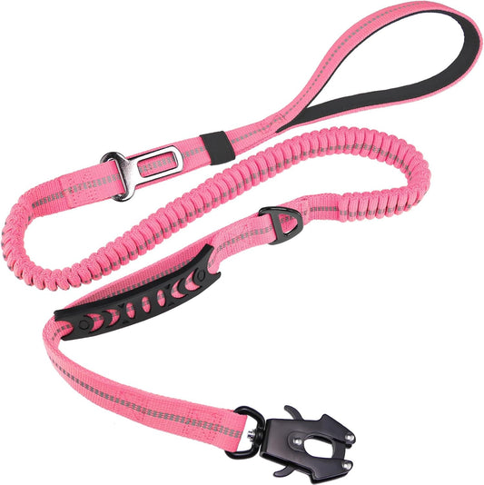 Tactical Bungee Dog Leash | Pink | Heavy Duty Reflective | 2 Handles | Seatbelt Clip
