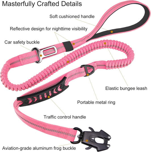 Tactical Bungee Dog Leash | Pink | Seatbelt Clip