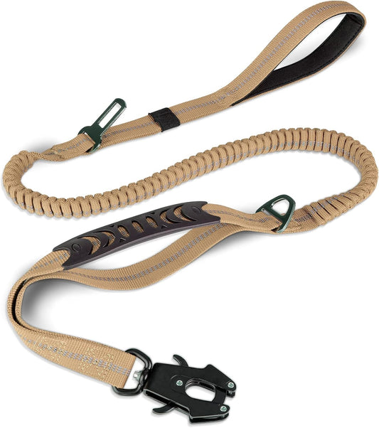 Tactical Bungee Dog Leash | 4-6FT Shock Absorbing | 2 Padded Handles | Seatbelt Clip