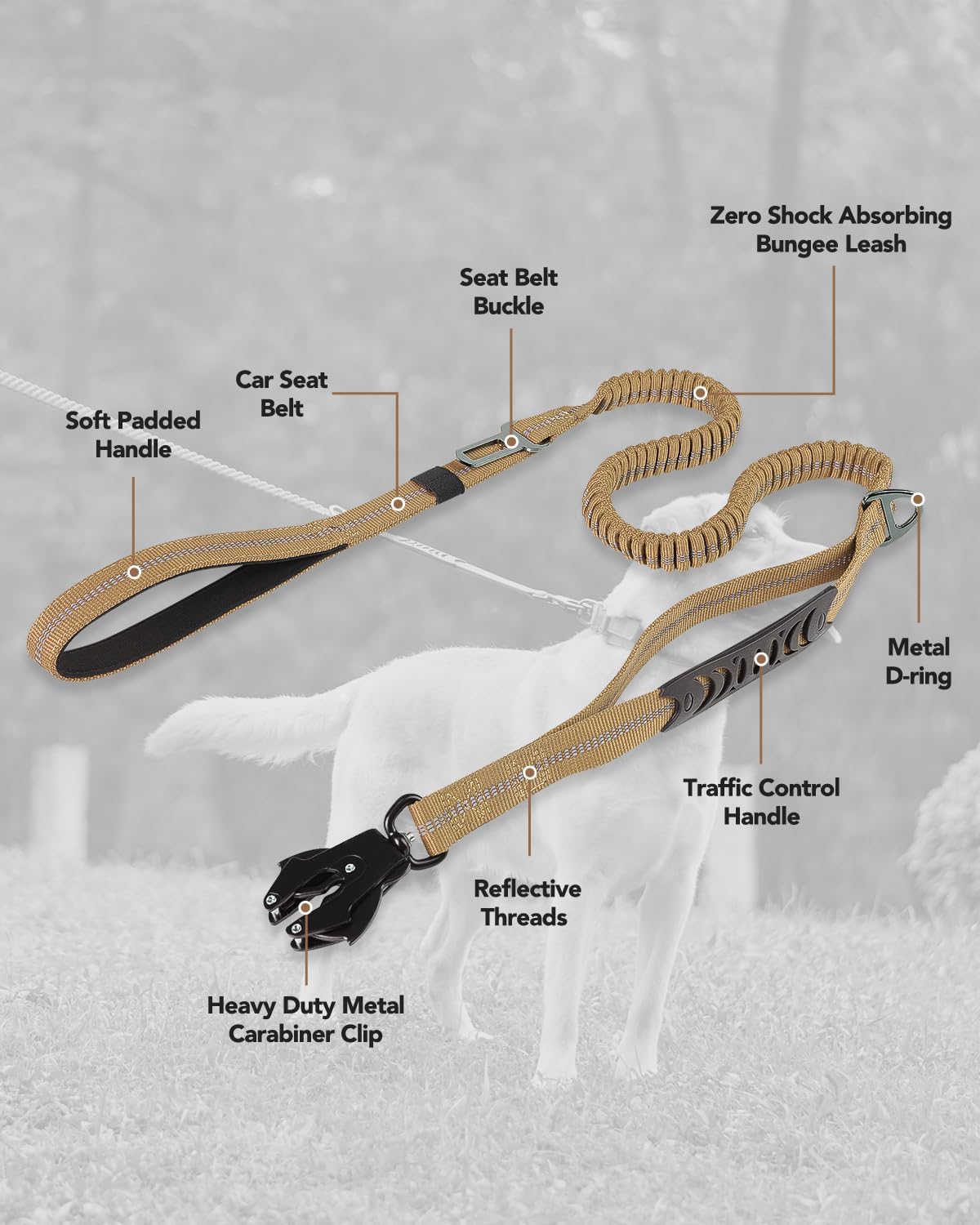 Tactical Bungee Dog Leash | 4-6FT Shock Absorbing | Seatbelt Clip