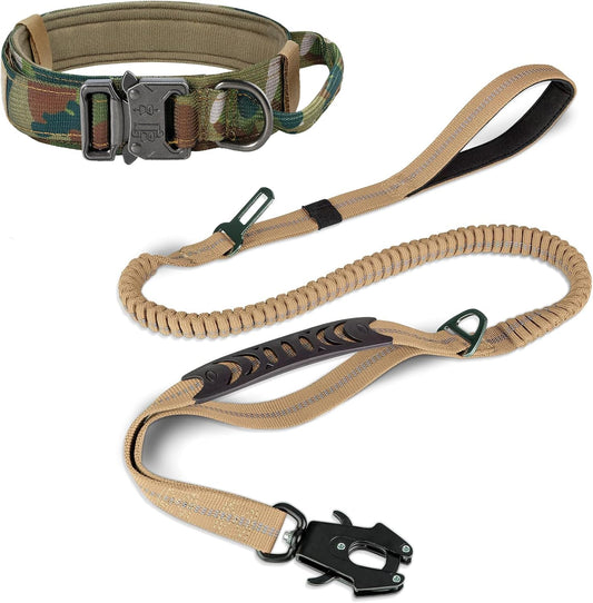 Tactical Dog Collar & Leash Set | Shock Absorbing Bungee | Large Dogs | Camo