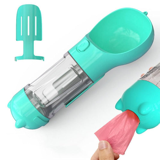 4-in-1 Pet Travel Feeder | Water Bottle Cup & Pooper Scooper | 300ml | Blue