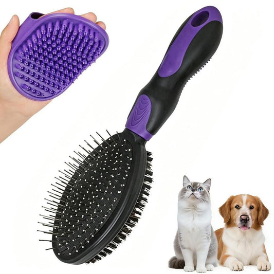 2PCS Pet Grooming Tools Double-Sided Brush for Shedding and Bathing for Short/Long Haired Dogs Cats Purple