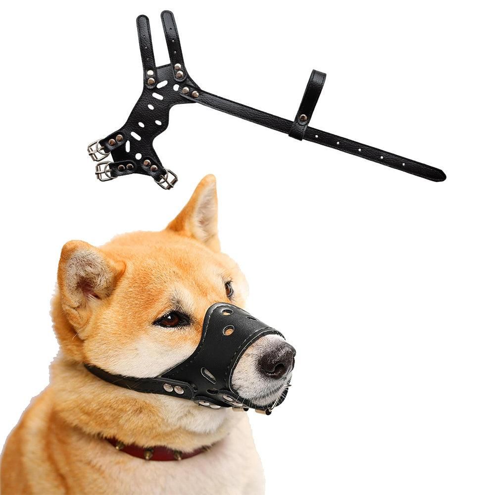Adjustable PU Leather Dog Muzzle Pet Breathable Anti Bite Bark Chew Muzzles Brown - L