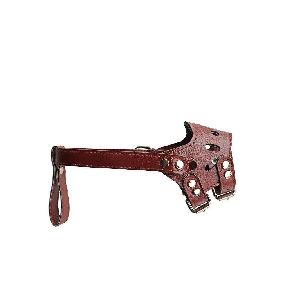 Adjustable PU Leather Dog Muzzle Pet Breathable Anti Bite Bark Chew Muzzles Brown - XL
