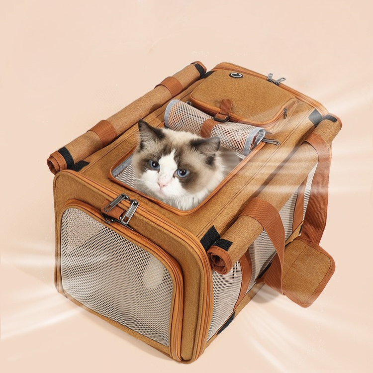 Multifunctional Pet Travel Bag: Large Capacity, Breathable, Portable, Handheld or Crossbody Pet Bag - Brown