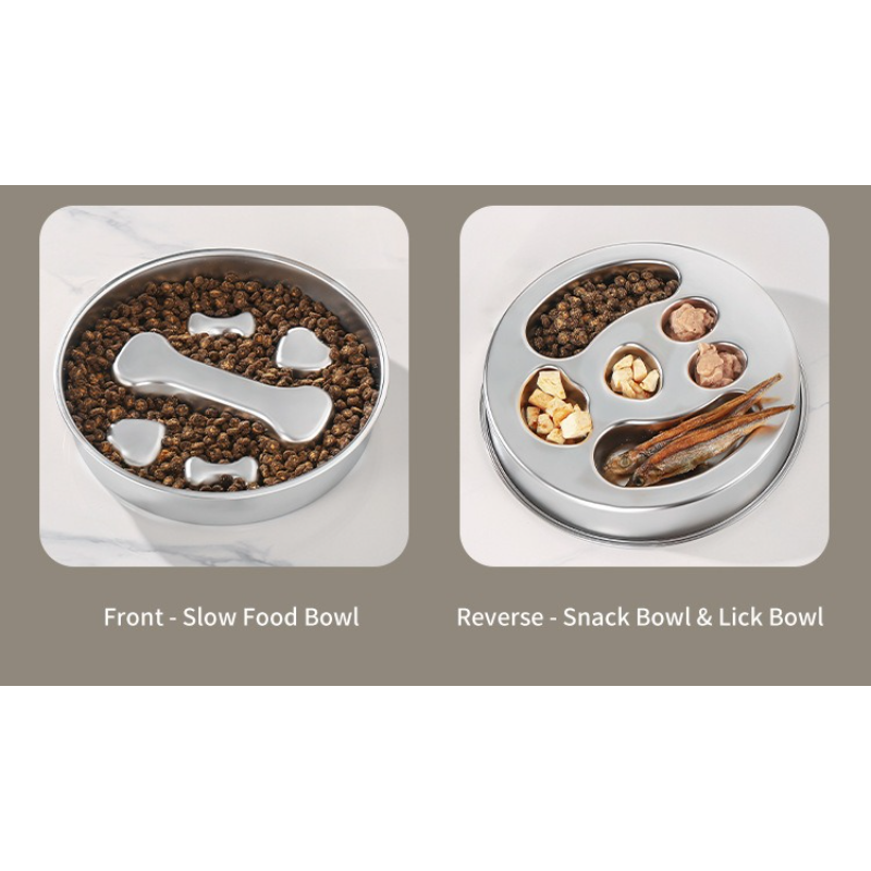 2-Piece Stainless Steel Slow Feeder Set for Pets, Reversible, for Cats and Dogs – Paw Design