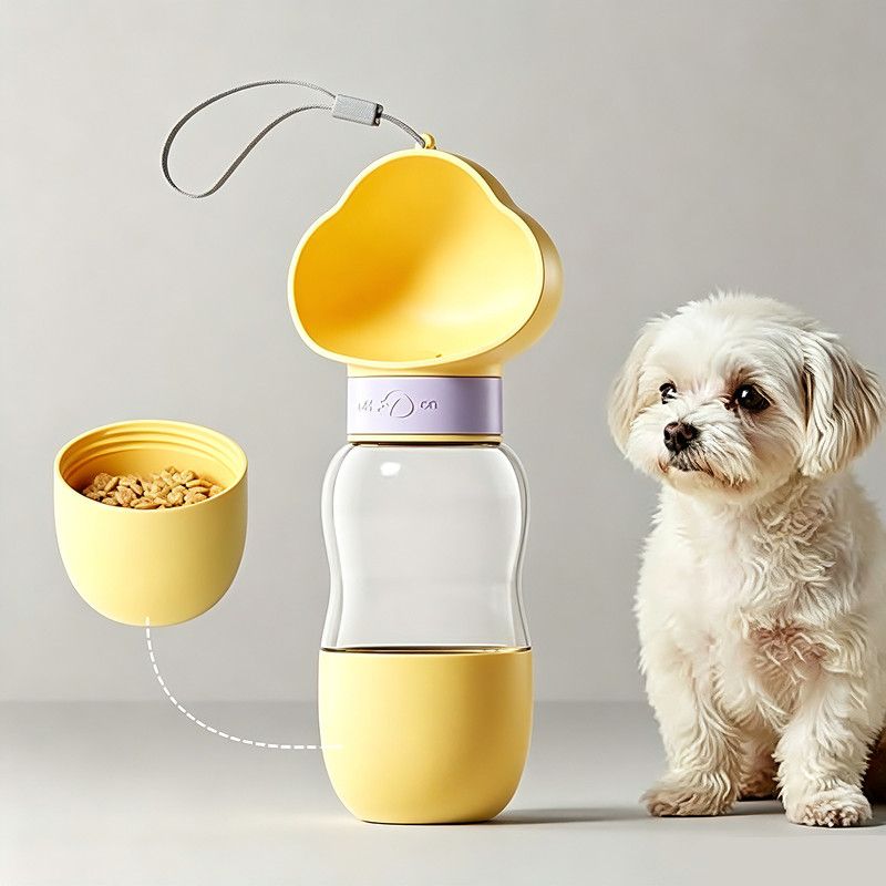 All-in-One Pet Travel Cup | 350ml Water + 200ml Food | Yellow