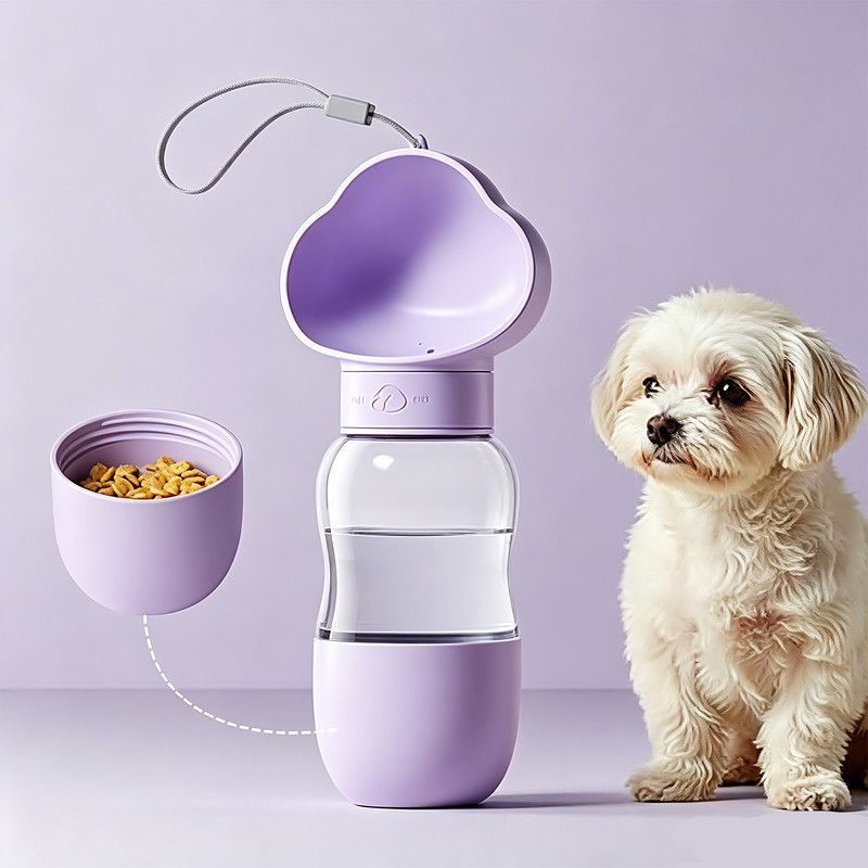 All-in-One Pet Travel Cup | 350ml Water + 200ml Food | Purple