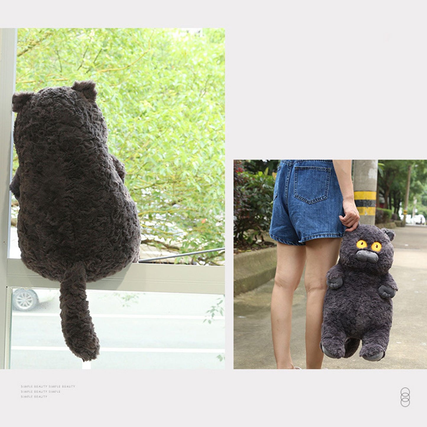 Cat Plush Toy Cute Soft Skin Friendly Fluffy Staring Short Plush Cat Hugging Sleeping Pillow for Home Black